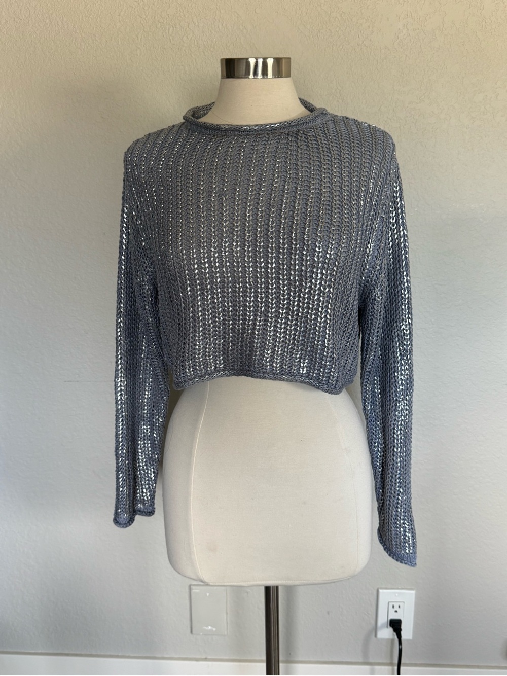 Zara Metallic Open Knit Cropped Sweater
